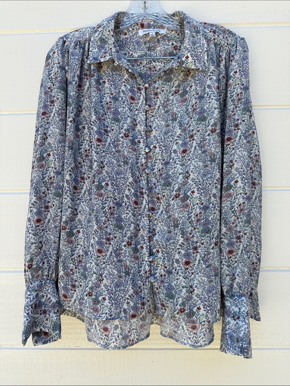 Rose & Olive Floral Button-Up Top in Light Blue and Mauve
